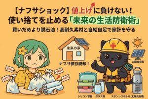 ナフサショックによる値上げに負けない未来の生活防衛術を解説するブログアイキャッチ画像。左側には値上がり（yenタグ）するゴミ袋やラップを抱えて困る女性、中央には太陽光パネルが乗った「未来の家」、右側にはヘルメットを被った黒猫のキャラクター（インフラ実務家）とシリコン容器・ガラス瓶・ステンレスボトルなどの高耐久素材のイラストが描かれています。
