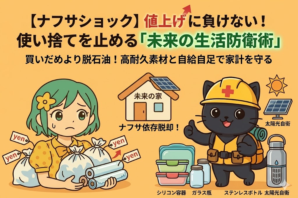 ナフサショックによる値上げに負けない未来の生活防衛術を解説するブログアイキャッチ画像。左側には値上がり（yenタグ）するゴミ袋やラップを抱えて困る女性、中央には太陽光パネルが乗った「未来の家」、右側にはヘルメットを被った黒猫のキャラクター（インフラ実務家）とシリコン容器・ガラス瓶・ステンレスボトルなどの高耐久素材のイラストが描かれています。