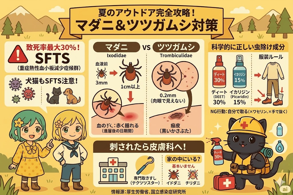 マダニとツツガムシの対策をまとめたインフォグラフィック。上部に「夏のアウトドア完全攻略！マダニ＆ツツガムシ対策」のタイトル。左側に「致死率最大30%！SFTS」の警告と犬猫への注意、緑髪と金髪の女の子のイラスト。中央にマダニ（吸血前3mmから吸血後1cm以上、刺し口は赤く腫れる）とツツガムシ（0.2mmで肉眼で見えない、刺し口は黒いかさぶた）の比較図。右側に「科学的に正しい虫除け成分」としてディート30%とイカリジン15%のスプレー、長袖長ズボンの服装ルール。下部に「刺されたら皮膚科へ！」と専用ピンセットの紹介、救急箱を背負った黒猫のイラスト。下端に厚生労働省・国立感染症研究所の文字。