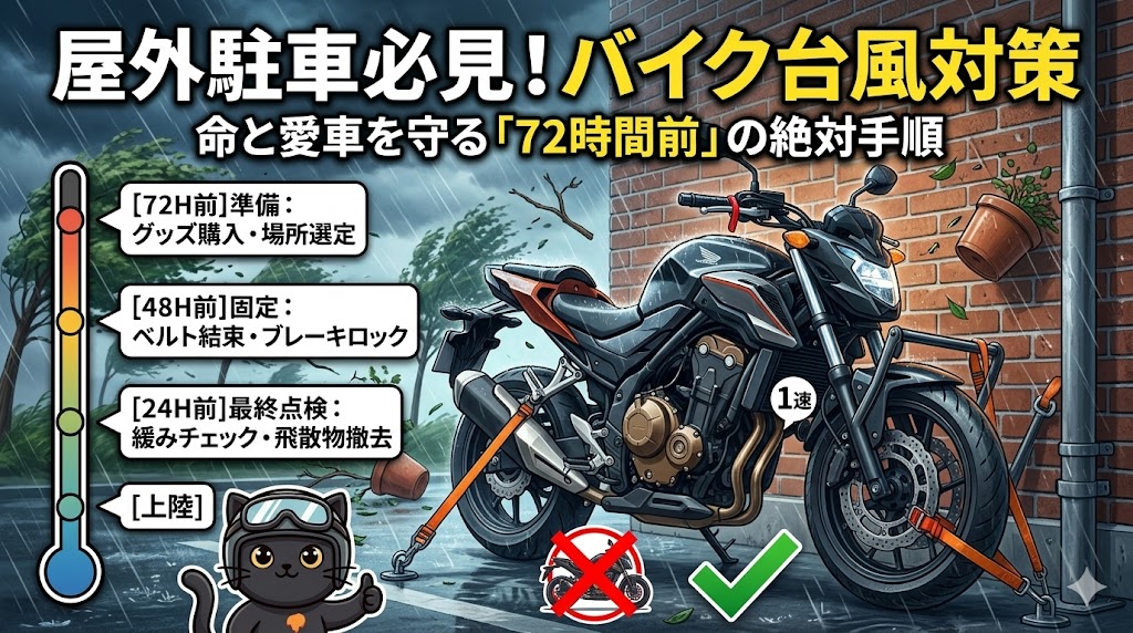 「屋外駐車必見！バイク台風対策｜72時間前からの確実な固定手順とおすすめ防災グッズを紹介するブログ記事のアイキャッチ画像」