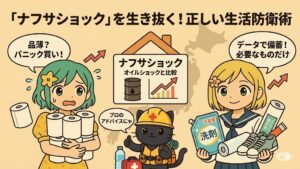 ナフサショックによる日用品値上げへの生活防衛術を解説するイラスト。左側でトイレットペーパーを抱えて焦る女性（パニック買いの風刺）と、中央でアドバイスするヘルメット姿の黒猫、右側で大容量洗剤や靴、ゴミ袋を冷静に備蓄する女性の比較図。