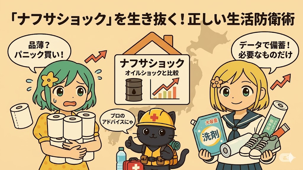 ナフサショックによる日用品値上げへの生活防衛術を解説するイラスト。左側でトイレットペーパーを抱えて焦る女性（パニック買いの風刺）と、中央でアドバイスするヘルメット姿の黒猫、右側で大容量洗剤や靴、ゴミ袋を冷静に備蓄する女性の比較図。