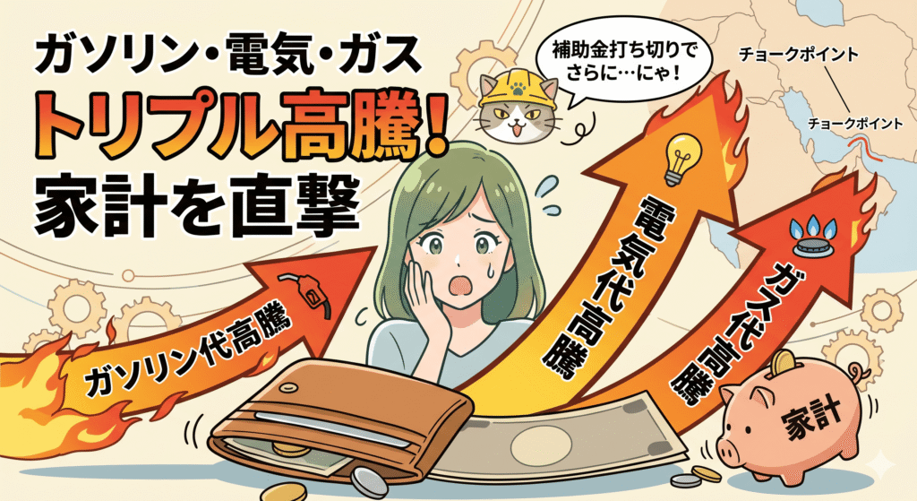 家計を直撃する光熱費・燃料費の「トリプル高騰」を表現したブログ用画像。驚く女性キャラクターの頭上に、ガソリン（給油ノズル）、電気（電球）、ガス（コンロ）を模した巨大な「高騰」の文字付き燃える矢印が迫り、財布と「家計」と書かれた貯金箱を押しつぶしているイラスト。