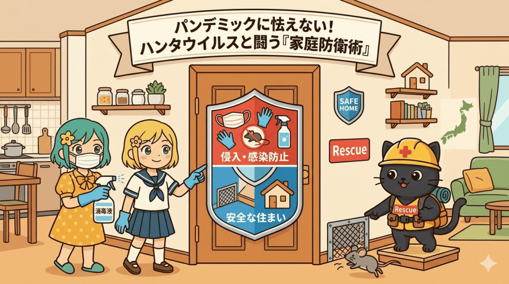 ハンタウイルス感染症への対策をテーマにしたアイキャッチ画像。左側にはマスクとゴム手袋をして消毒スプレーを持つ二人の女性キャラクター、右側にはヘルメットを被った救助隊姿の黒猫のキャラクターが配置されている。中央には「侵入・感染防止」と書かれた盾のアイコンがあり、家の中にネズミを寄せ付けない衛生管理と家庭防衛の重要性を表現している。背景は明るいキッチンのイラストで、上部には「パンデミックに怯えない！ハンタウイルスと闘う『家庭防衛術』」というタイトルバナーが表示されている。