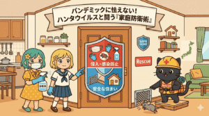 ハンタウイルス感染症への対策をテーマにしたアイキャッチ画像。左側にはマスクとゴム手袋をして消毒スプレーを持つ二人の女性キャラクター、右側にはヘルメットを被った救助隊姿の黒猫のキャラクターが配置されている。中央には「侵入・感染防止」と書かれた盾のアイコンがあり、家の中にネズミを寄せ付けない衛生管理と家庭防衛の重要性を表現している。背景は明るいキッチンのイラストで、上部には「パンデミックに怯えない！ハンタウイルスと闘う『家庭防衛術』」というタイトルバナーが表示されている。
