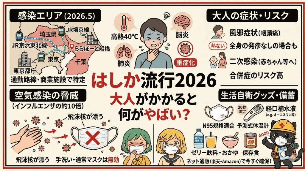 「はしか流行2026 大人がかかると何がやばい？」というブログ記事のアイキャッチ画像。画面中央に大きな赤と黒のタイトル文字があり、周囲にインフォグラフィックが配置されている。左上には東京・埼玉・千葉の路線や施設（JR京浜東北線、埼京線、ららぽーと船橋など）を示す感染エリアマップ、右上には「大人の症状・リスク」として高熱、肺炎、脳炎、二次感染のイラスト。左下には「空気感染の脅威」として手洗いや通常のマスクでは防げないイメージ図と、マスクをした2人の女の子のイラスト。右下には「生活自衛グッズ・備蓄」としてN95マスク、体温計、経口補水液、保存食のイラストと、N95マスクを掲げておすすめするヘルメットをかぶった黒猫のキャラクターが描かれている。全体的にベージュを基調とした見やすく整理されたデザイン。