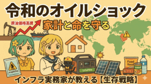 「令和のオイルショック」という見出しと共に、中東危機の地図、高騰する原油価格のグラフ、そして家計を守るためのポータブル電源や備蓄品を指差すアニメキャラクターが描かれたブログ用アイキャッチ画像。