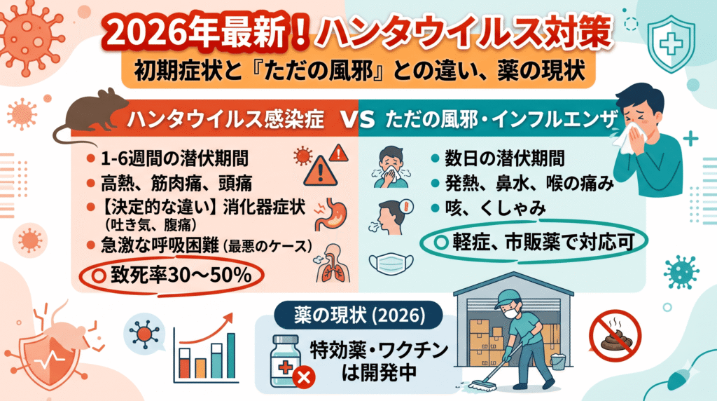 「2026年最新！ハンタウイルス対策」というタイトルのアイキャッチ画像。画面左側には「ハンタウイルス感染症」の特徴として、ネズミのイラスト、潜伏期間1〜6週間、消化器症状（吐き気・腹痛）、急激な呼吸困難、致死率30〜50%という文字と警告アイコンが並んでいる。画面右側には「ただの風邪・インフルエンザ」の特徴として、数日の潜伏期間、発熱・鼻水、軽症・市販薬で対応可という文字と、鼻をかむ男性のイラストが描かれている。下部には「薬の現状（2026）」として特効薬・ワクチンが開発中であること、およびマスクと手袋をして正しく掃除をする人物のイラストが配置され、情報の対比が明確に示されている。