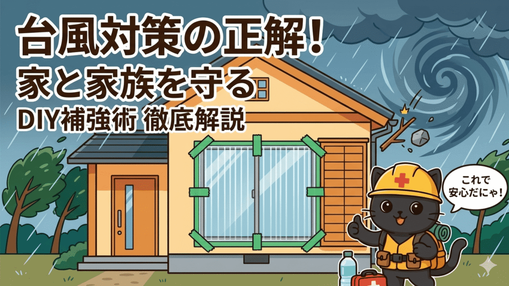 家の窓ガラスに「プラダン（プラスチックダンボール）」をあてがい、その上から緑色の「養生テープ」を四隅と十字にガッチリと貼って補強している様子を描いています。記事で推奨している正しく安全な対策（ダンボールではなくプラダンを使う点など）をそのまま視覚化しました。