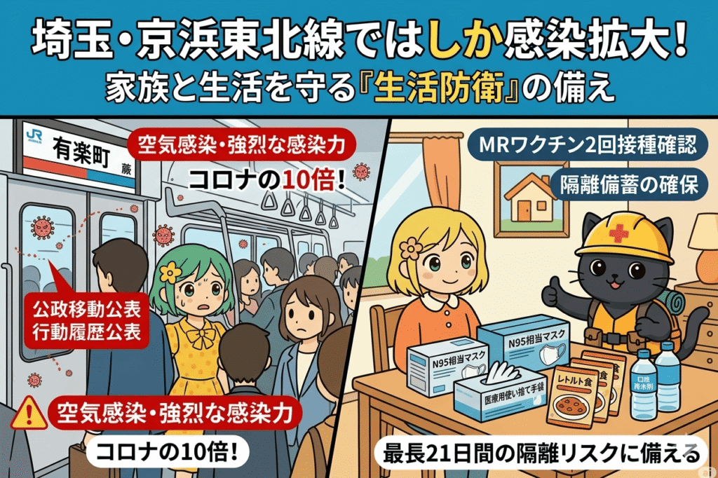 埼玉・京浜東北線のはしか感染拡大と生活防衛の備えを解説する図解イラスト。左側には満員電車内での空気感染リスクと「コロナの10倍」という高い感染力の警告、右側には自宅での隔離に備えてN95マスクや非常食、MRワクチン接種を確認する家族と防災キャラクターの様子が描かれている。