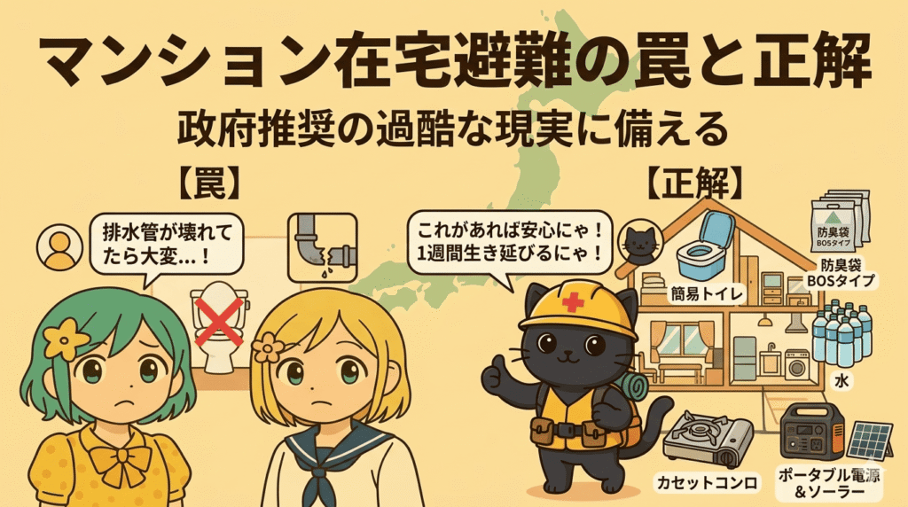 マンション在宅避難の罠と正解を解説する比較イラスト。左側には「罠」として排水管故障のリスクに不安がる女性キャラクターたち、右側には「正解」として防災ヘルメットを被った猫のキャラクターが、簡易トイレ・防臭袋・水・カセットコンロ・ポータブル電源などの備蓄品が揃った安心な自宅避難の様子を紹介している画像。