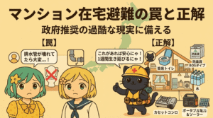 マンション在宅避難の罠と正解を解説する比較イラスト。左側には「罠」として排水管故障のリスクに不安がる女性キャラクターたち、右側には「正解」として防災ヘルメットを被った猫のキャラクターが、簡易トイレ・防臭袋・水・カセットコンロ・ポータブル電源などの備蓄品が揃った安心な自宅避難の様子を紹介している画像。