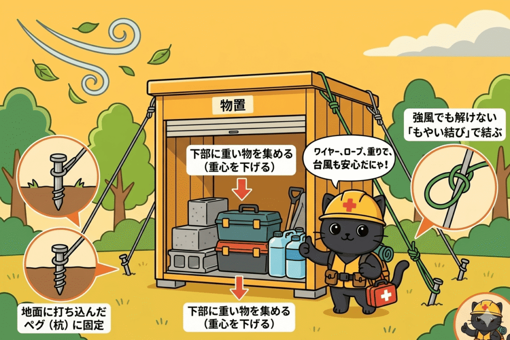 小さな物置が四隅からワイヤーとロープで地面のペグに固定されている様子を描いています。また、内部には重い荷物を下部に積んでいる様子も表現しています。結び方や内部の様子など、各ステップが視覚的に分かりやすくなっているため、台風対策の参考になると思います。