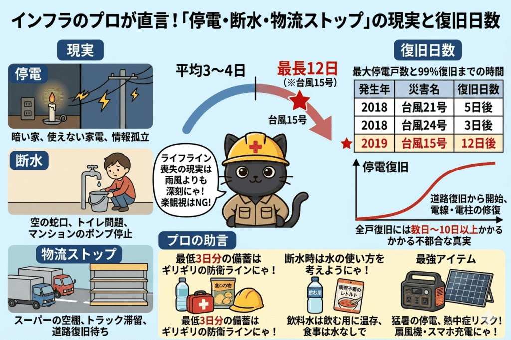 インフラのプロが直言する災害の現実と復旧日数をまとめたインフォグラフィック。上部に「インフラのプロが直言！『停電・断水・物流ストップ』の現実と復旧日数」のタイトル。中央には作業着姿の黒猫が「ライフライン喪失の現実は雨風よりも深刻にゃ！」と吹き出しで警鐘を鳴らしている。左側には「現実」として、停電でロウソクを灯す家、断水で困る人、物流が止まり空になったスーパーの棚を、右側には「復旧日数」として、過去の台風での復旧日数データ（台風15号の12日後など）の表と復旧曲線のグラフを配置。下部には「プロの助言」として、3日分の備蓄、水の温存、ポータブル電源の重要性をまとめたイラスト。