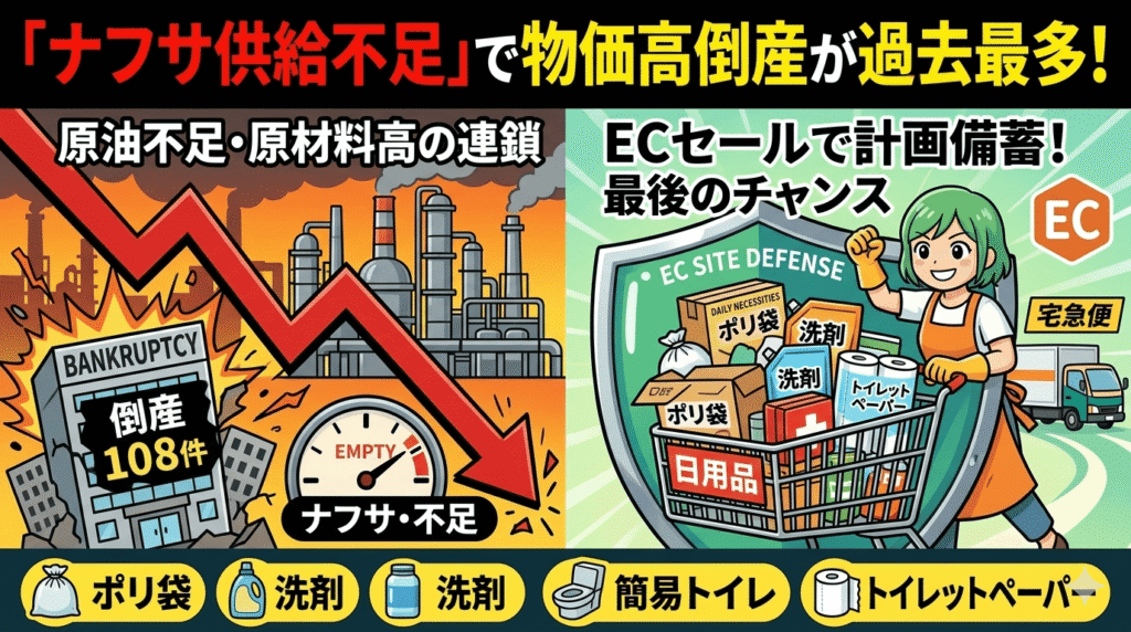 ナフサ供給不足による物価高倒産と家計防衛術の比較画像。左側には倒産108件を示すグラフと石油プラント、右側にはポリ袋や洗剤など日用品をカートに入れて守る女性と「ECセールで計画備蓄」の文字。下部には備蓄推奨品リスト（ポリ袋、洗剤、簡易トイレ、トイレットペーパー）のアイコン。