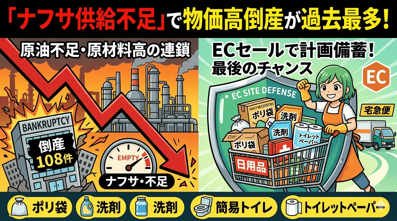ナフサ供給不足による物価高倒産と家計防衛術の比較画像。左側には倒産108件を示すグラフと石油プラント、右側にはポリ袋や洗剤など日用品をカートに入れて守る女性と「ECセールで計画備蓄」の文字。下部には備蓄推奨品リスト（ポリ袋、洗剤、簡易トイレ、トイレットペーパー）のアイコン。