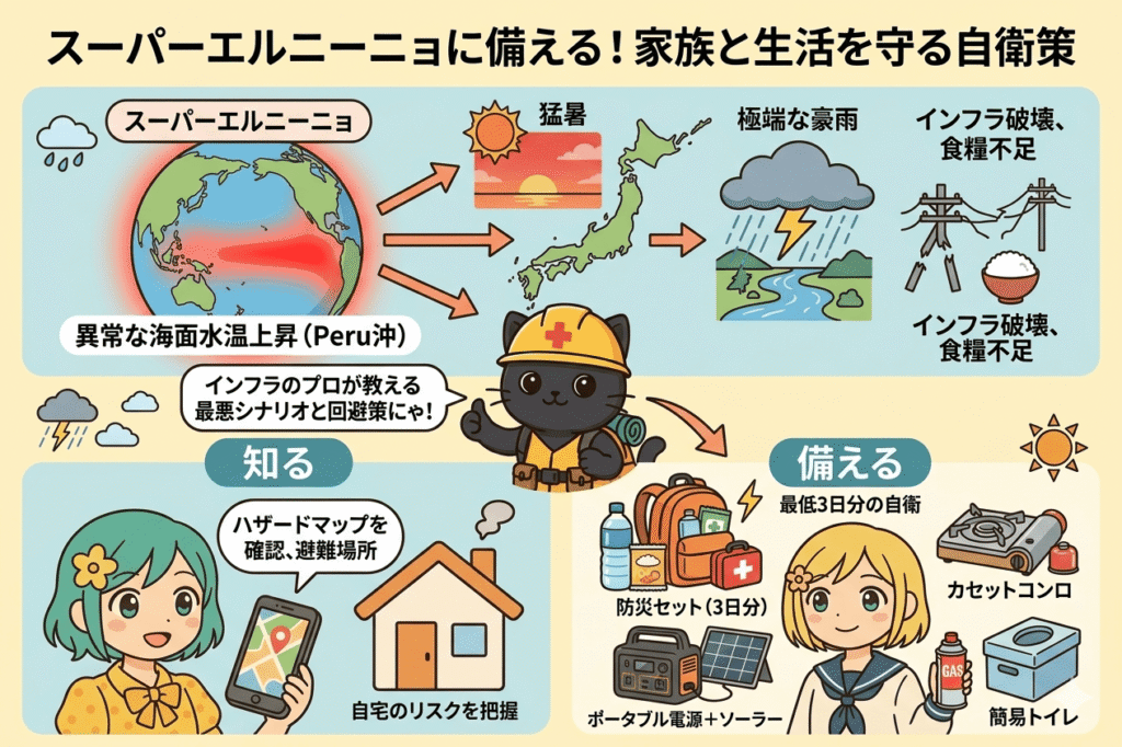 スーパーエルニーニョの脅威と防災対策をまとめたイラスト。上部に「スーパーエルニーニョに備える！家族と生活を守る自衛策」のタイトル。左側に海面水温が上昇した地球、右側に猛暑、豪雨、インフラ破壊のアイコン。下部にはハザードマップを確認する女性と、防災セット・ポータブル電源・簡易トイレ・カセットコンロなどの備蓄品を準備する女性、そして中央でポーズをとる作業着姿の黒猫。