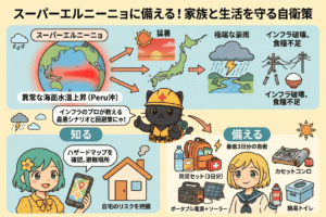 スーパーエルニーニョの脅威と防災対策をまとめたイラスト。上部に「スーパーエルニーニョに備える！家族と生活を守る自衛策」のタイトル。左側に海面水温が上昇した地球、右側に猛暑、豪雨、インフラ破壊のアイコン。下部にはハザードマップを確認する女性と、防災セット・ポータブル電源・簡易トイレ・カセットコンロなどの備蓄品を準備する女性、そして中央でポーズをとる作業着姿の黒猫。