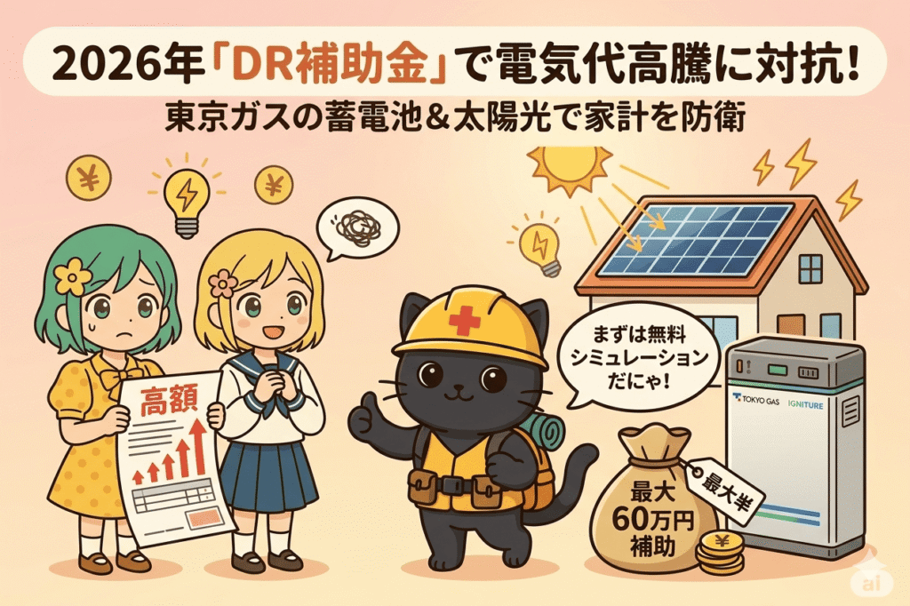 「高騰する電気代の明細を見て困惑する女性キャラクターと、それに対し解決策として東京ガスの蓄電池（IGNITURE）と太陽光パネル、そして『最大60万円補助』と書かれた袋を提示して案内する防災服を着た黒猫。上部には『2026年 DR補助金で電気代高騰に対抗！』というタイトルが入った、ブログ『オウチックス調査室』用のアイキャッチ画像。」