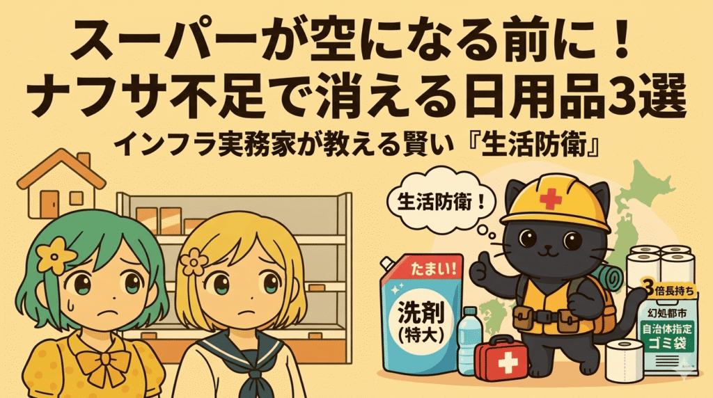 ナフサ不足による日用品の品薄を警告するブログアイキャッチ。空になったスーパーの棚を前に不安げな表情を浮かべる二人の女性と、ヘルメットを被り「生活防衛」を掲げながら、特大洗剤やトイレットペーパー、ゴミ袋といった備蓄を推奨する黒猫のキャラクターのイラスト。上部には「スーパーが空になる前に！ナフサ不足で消える日用品3選」という大きな文字タイトルがある。