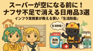 ナフサ不足による日用品の品薄を警告するブログアイキャッチ。空になったスーパーの棚を前に不安げな表情を浮かべる二人の女性と、ヘルメットを被り「生活防衛」を掲げながら、特大洗剤やトイレットペーパー、ゴミ袋といった備蓄を推奨する黒猫のキャラクターのイラスト。上部には「スーパーが空になる前に！ナフサ不足で消える日用品3選」という大きな文字タイトルがある。