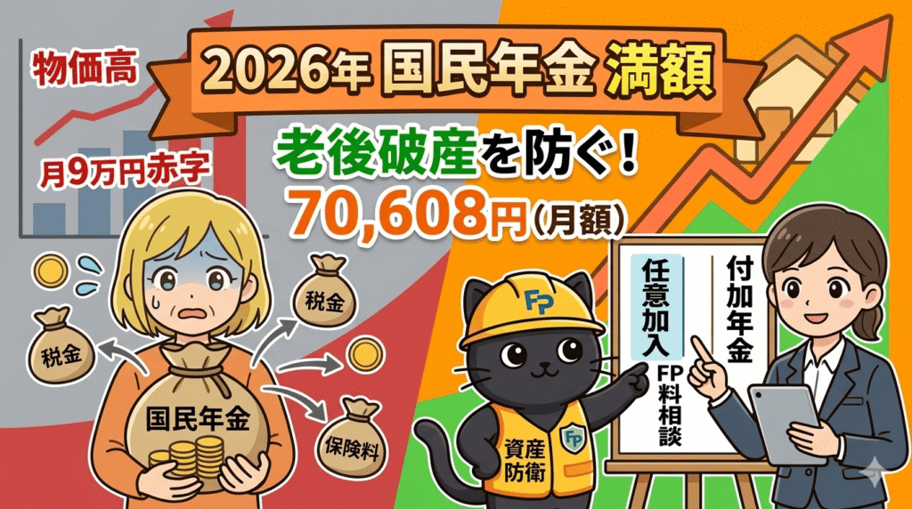 「2026年 国民年金 満額」という大きな見出しとともに、物価高や税金の天引きに悩む女性、そして対策を提示する専門家（FP）と黒猫のキャラクターを描いています。読者が一目で「年金の現実と解決策」について書かれた記事だと理解できる構成にしました。