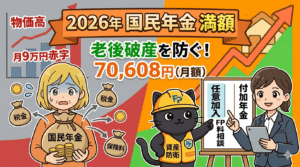 「2026年 国民年金 満額」という大きな見出しとともに、物価高や税金の天引きに悩む女性、そして対策を提示する専門家（FP）と黒猫のキャラクターを描いています。読者が一目で「年金の現実と解決策」について書かれた記事だと理解できる構成にしました。