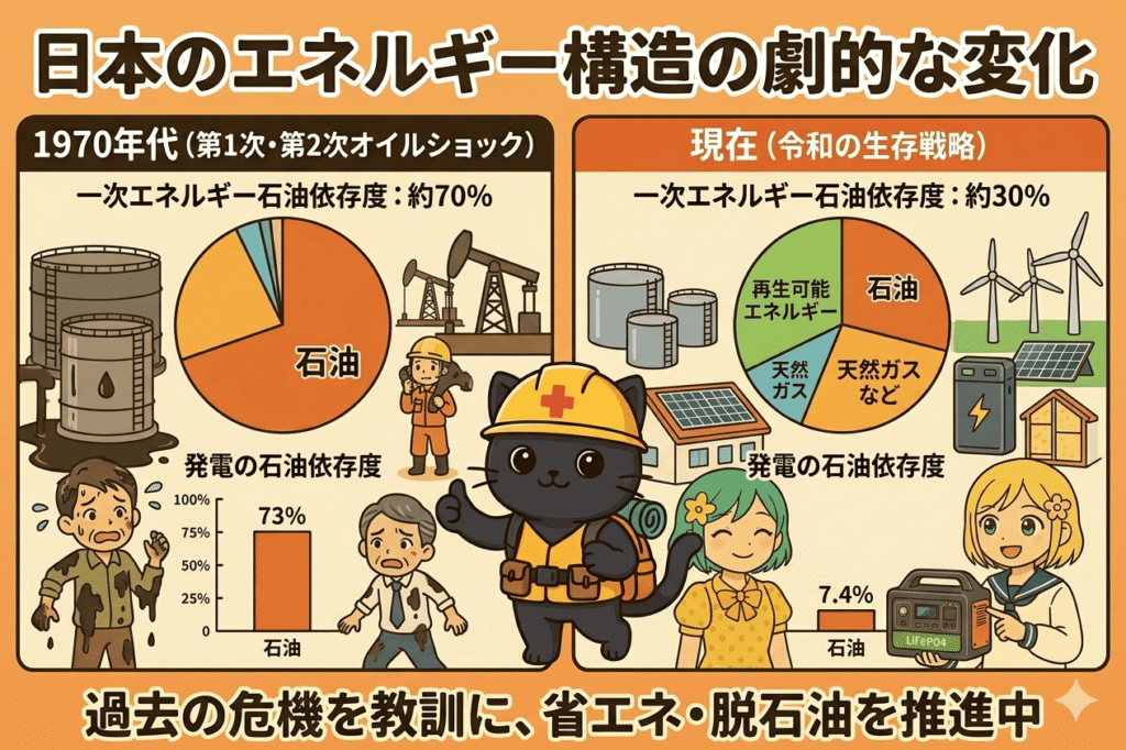 1970年代と現代の日本のエネルギー構造を比較したインフォグラフィック。石油依存度が70%から30%へ、発電の石油依存度が73%から7.4%へと激減したことを示す円グラフと棒グラフ、および省エネ製品を持つキャラクターのイラスト。