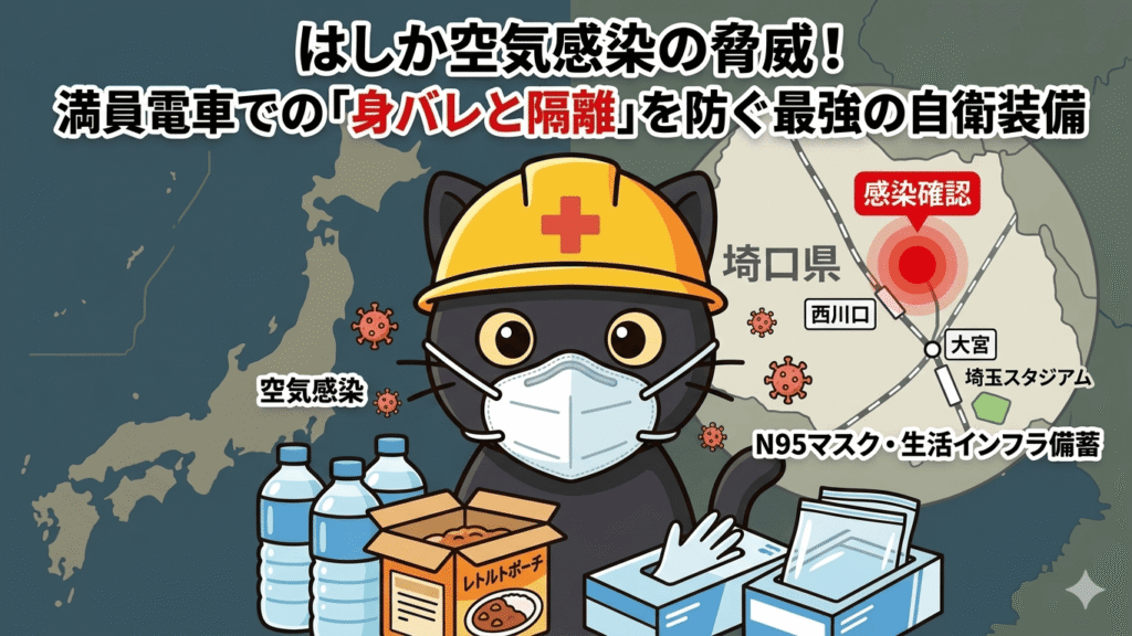 はしかの空気感染対策をテーマにしたアイキャッチ画像。中央には黄色いヘルメットとN95マスクを着用し、親指を立てる黒猫のキャラクターが配置されている。背景には埼玉県を中心とした地図と、感染確認場所を示す赤いターゲットマーク、浮遊するウイルスのイメージが描かれている。手前には経口補水液、レトルト食品、使い捨て手袋、ポリ袋などの備蓄品が並び、上部には「はしか空気感染の脅威！満員電車での『身バレと隔離』を防ぐ最強の自衛装備」というキャッチコピーが太字で記載されている。