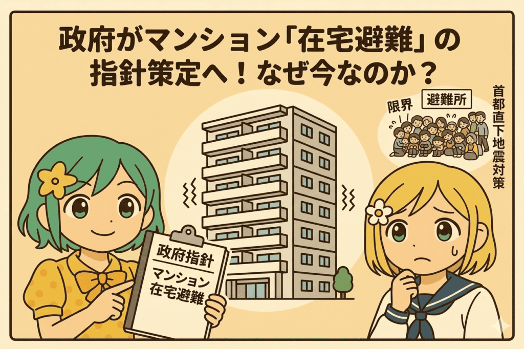 マンションを背景に、緑髪の女性とセーラー服姿の女性が並ぶイラスト。上部には「政府がマンション『在宅避難』の指針策定へ！なぜ今なのか？」という日本語テキストが描かれています。緑髪の女性は笑顔で「政府指針 マンション在宅避難」と書かれたボードを指さしています。セーラー服の女性は困り顔で、その上方には「避難所 限界」と書かれた人々で混み合う吹き出しが描かれています。右端には「首都直下地震対策」というテキストが縦に配置されており、政府の方針と避難所の課題を対比させています。