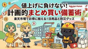 値上げに負けない！計画的まとめ買い備蓄術。楽天市場でお得に揃える日用品と防災グッズのブログアイキャッチ画像