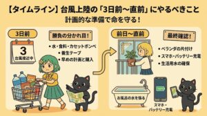 台風上陸の3日前から直前までの対策タイムラインを解説したイラスト風アイキャッチ画像。左側には「3日前」としてカートで水や食料を買い出しする女性と地図を持つ黒猫、右側には「前日〜直前」としてベランダを片付ける女性、水が張られた浴槽、100%充電されたスマホを持つ黒猫が描かれています。