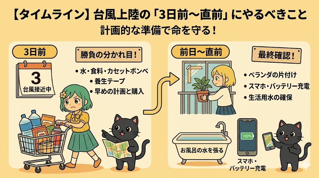 台風上陸の3日前から直前までの対策タイムラインを解説したイラスト風アイキャッチ画像。左側には「3日前」としてカートで水や食料を買い出しする女性と地図を持つ黒猫、右側には「前日〜直前」としてベランダを片付ける女性、水が張られた浴槽、100%充電されたスマホを持つ黒猫が描かれています。