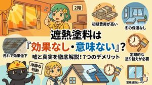 遮熱塗料のデメリットを解説するブログ用アイキャッチ画像。中央に「遮熱塗料は『効果なし・意味ない』？嘘と真実を徹底解説！7つのデメリット」という大きな日本語の文字タイトル。左上には2階の部屋で暑そうに汗を拭う緑髪の女の子、下部には屋根塗装の様子を見つめる制服の女の子と、「冷静な判断」というプラカードを持つヘルメット姿の黒猫のキャラクター。周囲には「初期費用が高い」「冬の保温なし」「汚れで効果低下」「定期的な塗り替えが必要」「窓用遮熱シート」などのデメリットや対策を表すイラストと日本語テキストが分かりやすく配置されている。