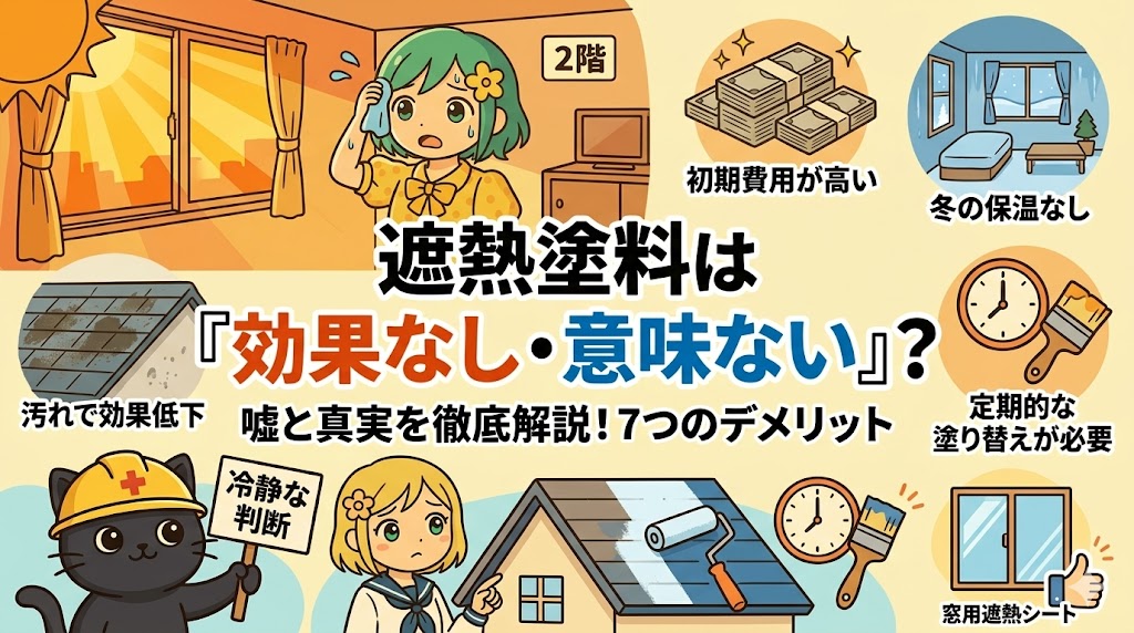 遮熱塗料のデメリットを解説するブログ用アイキャッチ画像。中央に「遮熱塗料は『効果なし・意味ない』？嘘と真実を徹底解説！7つのデメリット」という大きな日本語の文字タイトル。左上には2階の部屋で暑そうに汗を拭う緑髪の女の子、下部には屋根塗装の様子を見つめる制服の女の子と、「冷静な判断」というプラカードを持つヘルメット姿の黒猫のキャラクター。周囲には「初期費用が高い」「冬の保温なし」「汚れで効果低下」「定期的な塗り替えが必要」「窓用遮熱シート」などのデメリットや対策を表すイラストと日本語テキストが分かりやすく配置されている。