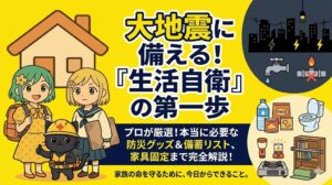 大地震への備えに必要な「生活自衛」の第一歩として、防災グッズや家具固定について解説するアイキャッチ画像。