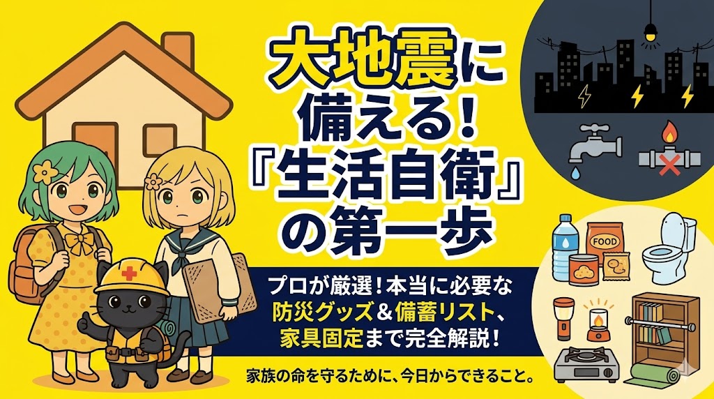 大地震への備えに必要な「生活自衛」の第一歩として、防災グッズや家具固定について解説するアイキャッチ画像。
