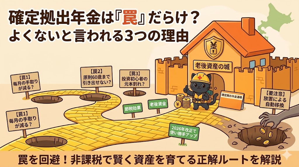確定拠出年金は『罠』だらけ？」というタイトルのアイキャッチ画像。ヘルメットをかぶった黒猫のキャラクターが「老後資産の城」の前に立ち、城への安全な道をサムズアップで案内しています。城へ続く安全な道には「節税効果」や「2026年改正」といったメリットの看板があり、道から外れた場所には「元本割れ」や「放置による自動移換」といった「罠」を示す穴が描かれています。