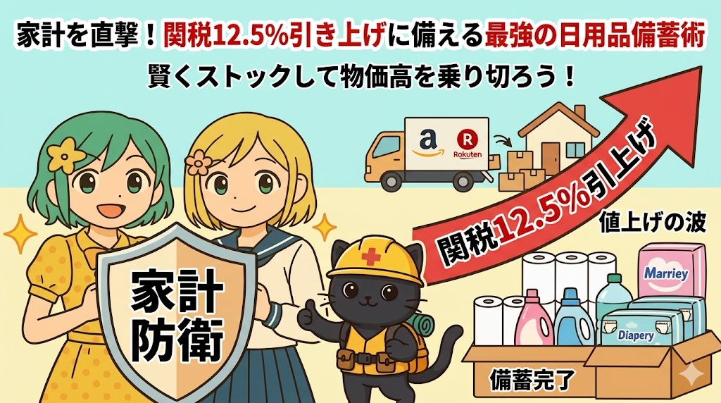 家計を直撃する関税12.5%引き上げに対し、キャラクターたちが盾を持ち、日用品を備蓄して対策する様子。Amazonや楽天などの配送トラックが荷物を届け、トイレットペーパーや洗剤がストックされた「家計防衛」をテーマにしたアイキャッチ画像。
