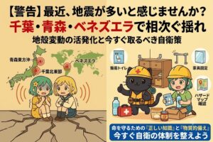 左側に地震の揺れに怯える2人の女の子と千葉・青森・ベネズエラの震源地を示す地図、右側に防災服を着た黒猫と女の子が簡易トイレや保存水などの備蓄品を準備する様子を描いたイラスト。「最近、地震が多いと感じませんか？千葉・青森・ベネズエラで相次ぐ揺れ」という大きなタイトル文字が含まれる、ブログ記事用の防災アイキャッチ画像。