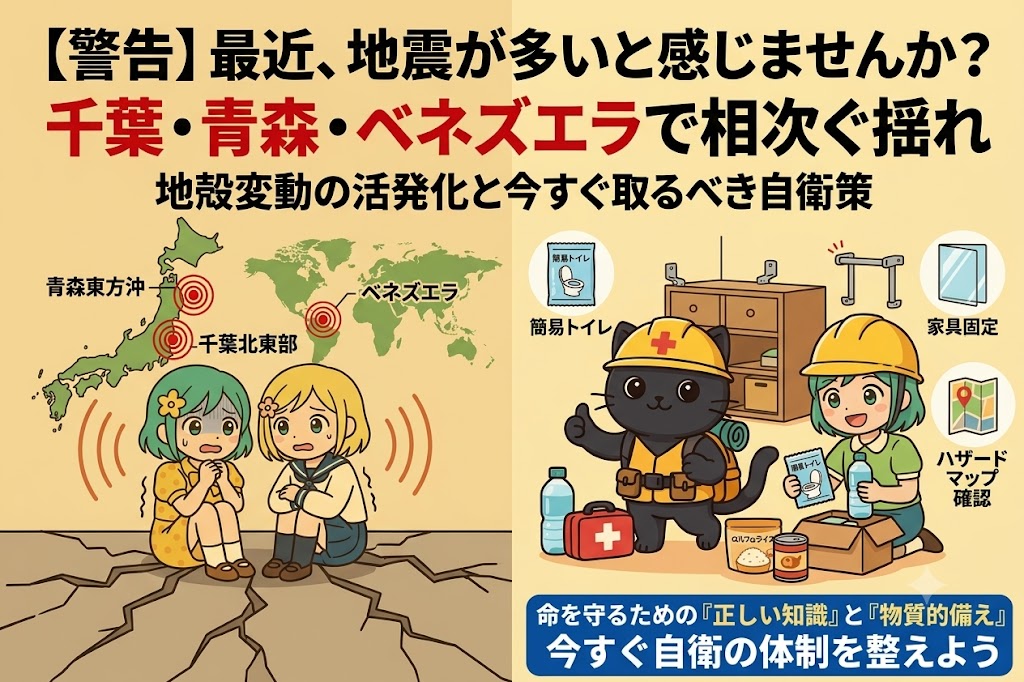 左側に地震の揺れに怯える2人の女の子と千葉・青森・ベネズエラの震源地を示す地図、右側に防災服を着た黒猫と女の子が簡易トイレや保存水などの備蓄品を準備する様子を描いたイラスト。「最近、地震が多いと感じませんか？千葉・青森・ベネズエラで相次ぐ揺れ」という大きなタイトル文字が含まれる、ブログ記事用の防災アイキャッチ画像。