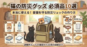 「オウチックス調査室」の猫防災ガイド：黒猫2匹と防災リュック、および食料・水・トイレ・ハーネス・迷子札・ワクチン証明書・おもちゃ・タオルといった「防災グッズ必須品10選」がイラストで分かりやすく配置されたアイキャッチ画像。