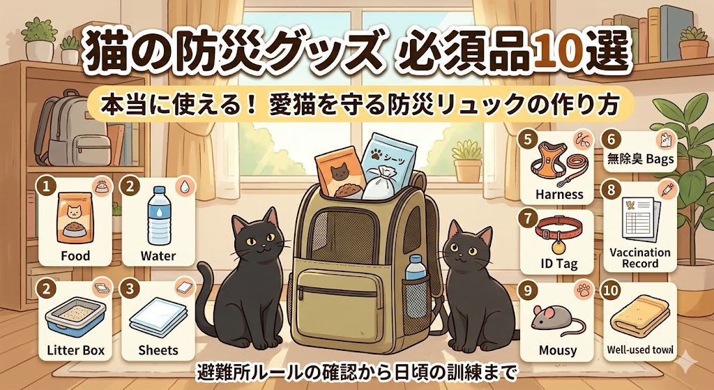 「オウチックス調査室」の猫防災ガイド：黒猫2匹と防災リュック、および食料・水・トイレ・ハーネス・迷子札・ワクチン証明書・おもちゃ・タオルといった「防災グッズ必須品10選」がイラストで分かりやすく配置されたアイキャッチ画像。