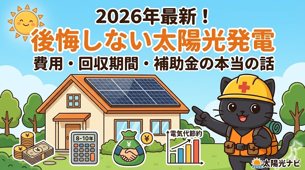 2026年最新の太陽光発電の費用、回収期間、補助金を解説するアイキャッチ画像です。ソーラーパネル付きの住宅、黒猫のキャラクター、そして「後悔しない太陽光発電」というタイトルが描かれています。