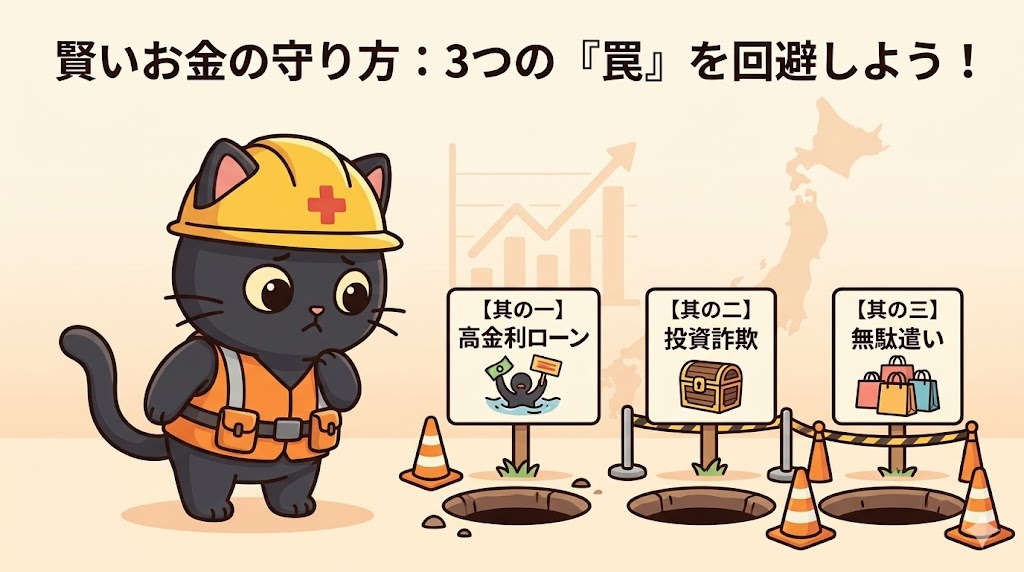 工事用のヘルメットとベストを着用した黒猫が、目の前にある3つの落とし穴と看板を不安そうに見つめている。看板には、それぞれ「【其の一】高金利ローン」、「【其の二】投資詐欺」、「【其の三】無駄遣い」と書かれている。 工事用のヘルメットとベストを着用した黒猫が、目の前にある3つの落とし穴と看板を不安そうに見つめている。看板には、それぞれ「【其の一】高金利ローン」、「【其の二】投資詐欺」、「【其の三】無駄遣い」と書かれている。