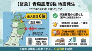 地震発生の概要: 日時（2026年6月25日 7時30分）、震源地（岩手県沖 M6.9）、最大震度6強（青森県階上町）の位置情報。 注意・警戒情報: 津波の心配なし（若干の海面変動あり）、後発地震注意情報の評価状況。 今後の防災対策: 就寝時の備え、避難準備、情報収集といった具体的な防災アクション。