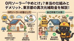 0円ソーラーと東京都の補助金活用による自己所有を比較したアイキャッチ画像。