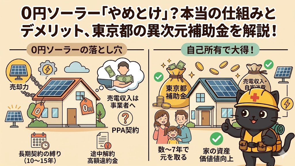 0円ソーラーと東京都の補助金活用による自己所有を比較したアイキャッチ画像。