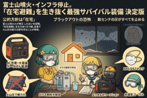 富士山噴火によるインフラ完全停止（ブラックアウト）を想定し、自宅で生き抜くための「最強装備」を解説したインフォグラフィック風アイキャッチ画像です。 窓の外で富士山が噴火し火山灰が降る中、N95マスクや無気孔ゴーグルを着用したキャラクター（少女と黒猫）が、室内で「大容量ポータブル電源」と「高精度な携帯浄水器」を活用して「在宅避難」を継続する様子が描かれています。 ソーラーパネルが灰で「無力化」するリスクや、通常の不織布マスクでは火山灰を防げないといった盲点を指摘しつつ、電力、水、呼吸、視界を確保するための必須アイテムを視覚的にまとめたデザインです。