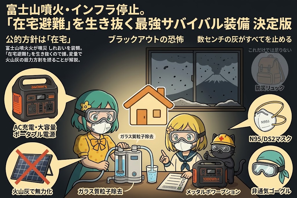 富士山噴火によるインフラ完全停止（ブラックアウト）を想定し、自宅で生き抜くための「最強装備」を解説したインフォグラフィック風アイキャッチ画像です。 窓の外で富士山が噴火し火山灰が降る中、N95マスクや無気孔ゴーグルを着用したキャラクター（少女と黒猫）が、室内で「大容量ポータブル電源」と「高精度な携帯浄水器」を活用して「在宅避難」を継続する様子が描かれています。 ソーラーパネルが灰で「無力化」するリスクや、通常の不織布マスクでは火山灰を防げないといった盲点を指摘しつつ、電力、水、呼吸、視界を確保するための必須アイテムを視覚的にまとめたデザインです。